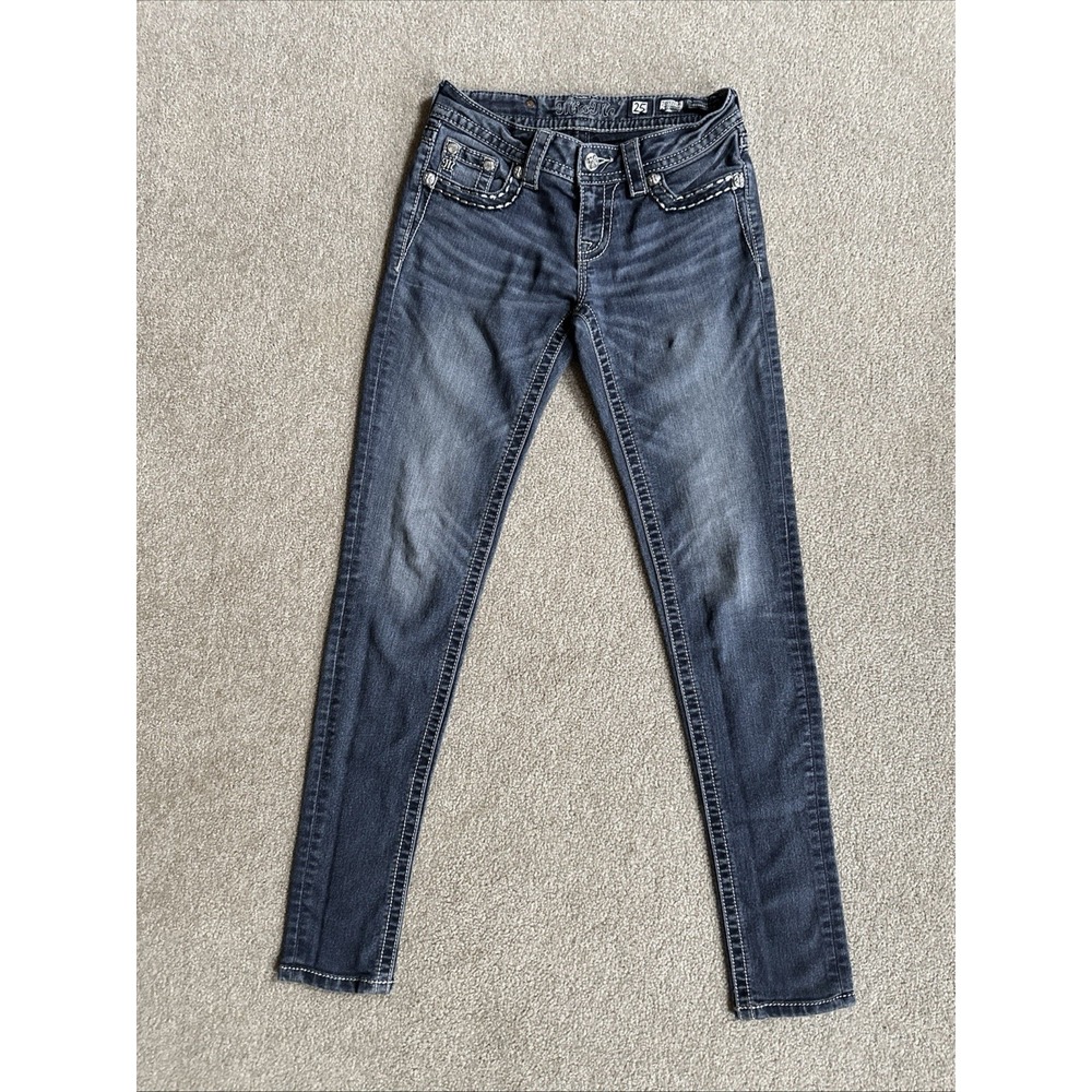 Miss Me Jeans Womens 25 Blue Denim Skinny Faded Embellished Y2K **FLAWS